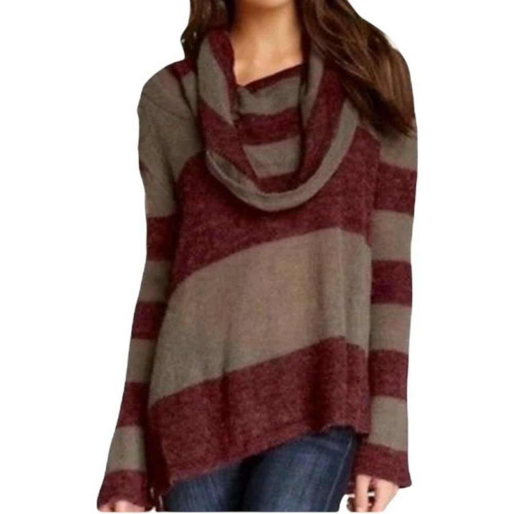 Free People Women XS Red Gray Striped Cowl Neck Long sleeve Alpaca Sweater